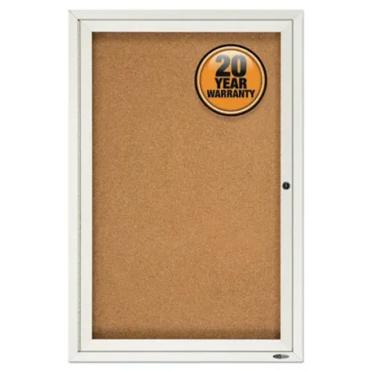 Quartet® Enclosed Indoor Cork Bulletin Board with One Hinged Door, 24" x 36", Tan Surface, Satin Aluminum Frame