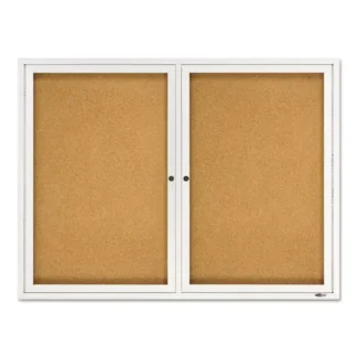 Quartet® Enclosed Indoor Cork Bulletin Board with Two Hinged Doors, 48" x 36", Tan Surface, Satin Aluminum Frame
