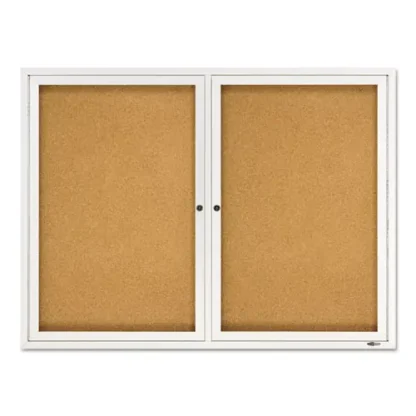 Quartet® Enclosed Indoor Cork Bulletin Board with Two Hinged Doors, 48" x 36", Tan Surface, Satin Aluminum Frame