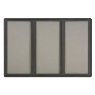 Quartet® Enclosed Indoor Fabric Bulletin Board with Three Hinged Doors, 72" x 48", Gray Surface, Graphite Gray Aluminum Frame