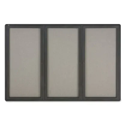 Quartet® Enclosed Indoor Fabric Bulletin Board with Three Hinged Doors, 72" x 48", Gray Surface, Graphite Gray Aluminum Frame