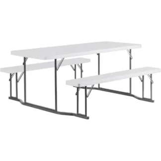 Rectangular White Plastic Folding Picnic Table with Attached Benches