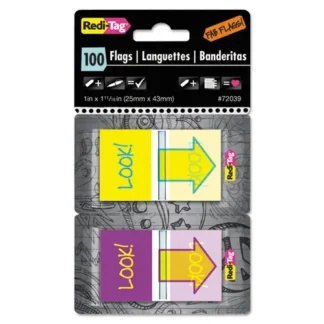 Redi-Tag® Pop-Up Fab Page Flags w/Dispenser, "Look!", Purple/Yellow; Yellow/Teal, 100/Pack