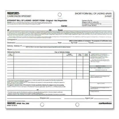 Rediform® Speediset Bill of Lading, Short Form, Three-Part Carbonless, 7 x 8.5, 50 Forms Total