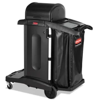 Rubbermaid® Commercial Executive High Security Janitorial Cleaning Cart, Black, Plastic, 4 Shelves, 1 Bin