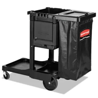 Rubbermaid® Commercial Executive Janitorial Cleaning Cart, Black, Plastic, 4 Shelves, 1 Bin