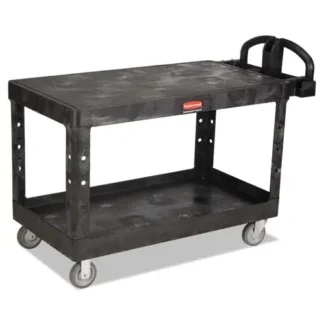 Rubbermaid® Commercial Heavy-Duty Utility Cart with Flat Shelves, Plastic, 2 Shelves, 500 lb Capacity, 25.25" x 54" x 36", Black