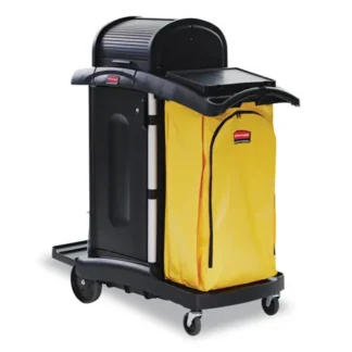 Rubbermaid® Commercial High-Security Healthcare Cleaning Cart, Metal, Black, 4 Shelves, 1 Bin