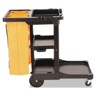 Rubbermaid® Commercial Multi-Shelf Cleaning Cart, Black, Plastic, 4 Shelves, 1 Bin