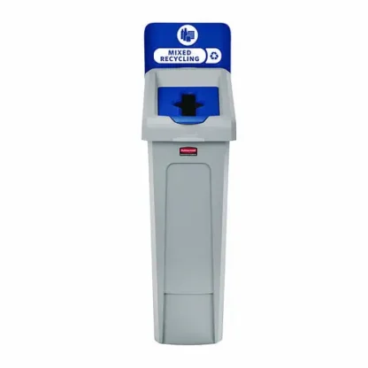 Rubbermaid® Commercial Slim Jim Recycling Station Kit, 1-Stream Mixed Recycling, 23 gal, Plastic, Gray/Blue