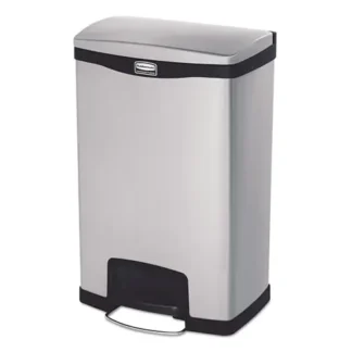 Rubbermaid® Commercial Slim Jim Stainless Steel Step-On Container, Front Step Style, 13 gal, Stainless Steel, Black