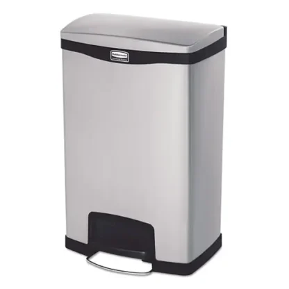 Rubbermaid® Commercial Slim Jim Stainless Steel Step-On Container, Front Step Style, 13 gal, Stainless Steel, Black