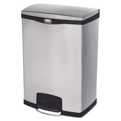 Rubbermaid® Commercial Slim Jim Stainless Steel Step-On Container, Front Step Style, 24 gal, Stainless Steel, Black