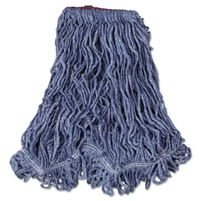 Rubbermaid® Commercial Super Stitch Blend Mop Head, Cotton/Synthetic Blend, Large, 1" Red Headband, Blue, 6/Carton