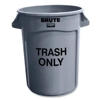 Rubbermaid® Commercial Vented Round Brute Container, "Trash Only" Imprint, 32 gal, Plastic, Gray