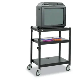 Safco® Adjustable-Height Steel AV Cart, 3 Shelves, 5 AC Outlets, 120 lb Capacity, Black