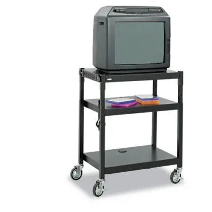 Safco® Adjustable-Height Steel AV Cart, 3 Shelves, 5 AC Outlets, 120 lb Capacity, Black