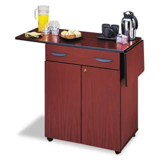 Safco® Hospitality Cart with Drop Leaves, Engineered Wood, Mahogany, 3 Shelves, 1 Drawer