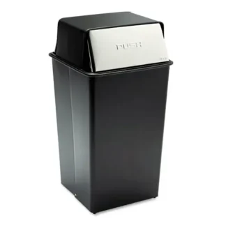 Safco® Reflections Push Top Square Receptacle, 36 gal, Steel, Black/Chrome