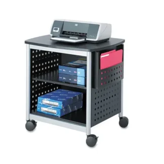 Safco® Scoot Deskside Printer Stand with File Pocket, Black/Silver, 3 Shelves, 1 Bin, 200 lb Capacity