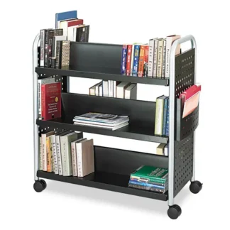 Safco® Scoot Double-Sided Book Cart, 6 Shelves, 1 Bin, Black, 41.25"W x 17.75"D x 41.25"H