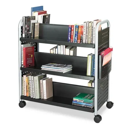 Safco® Scoot Double-Sided Book Cart, 6 Shelves, 1 Bin, Black, 41.25"W x 17.75"D x 41.25"H