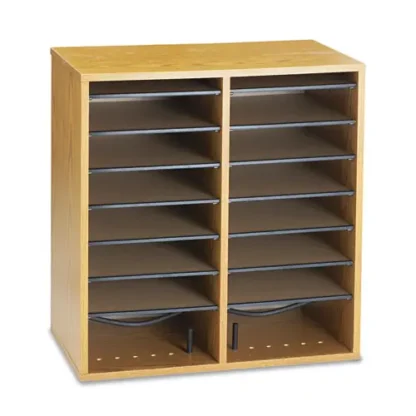 Safco® Wood/Laminate Literature/CD Sorter, 16 Compartments, Medium Oak