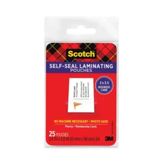 Scotch™ Self-Sealing Laminating Pouches, 9.5 mil, 3.88" x 2.44", Gloss Clear, 25/Pack