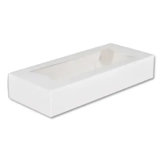 SCT® White Window Bakery Boxes with Attached Flip Top, 12.5" x 5.5" x 2.25", 4-Corner Beers Design, White, Paperboard, 200/Carton (Extended Delivery Time)