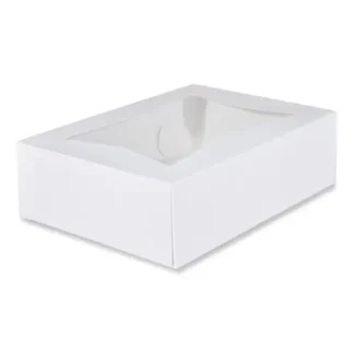 SCT® White Window Bakery Boxes with Attached Flip Top, 4-Corner Beers Design, White, Paper, 100/Carton