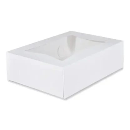 SCT® White Window Bakery Boxes with Attached Flip Top, 4-Corner Beers Design, White, Paper, 100/Carton