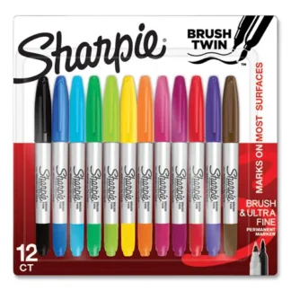 Sharpie® Brush Tip Permanent Marker, Twin Tip, Ultra-Fine Needle/Broad Brush Tips, Assorted Colors, 12/Pack