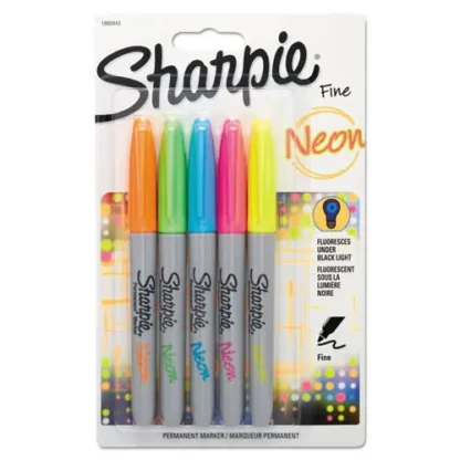 Sharpie® Neon Permanent Markers, Fine Bullet Tip, Assorted Colors, 5/Pack