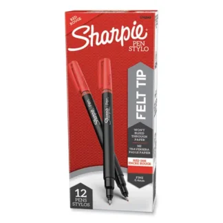Sharpie® Water-Resistant Ink Porous Point Pen, Fine 0.4 mm, Red Ink, Black/Red Barrel, Dozen
