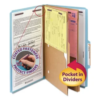Smead 6-Section Pressboard Top Tab Pocket Classification Folders, 6 SafeSHIELD Fasteners, 2 Dividers, Legal Size, Blue, 10/Box