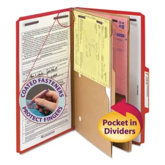 Smead 6-Section Pressboard Top Tab Pocket Classification Folders, Legal Size, Bright Red, 10/BX