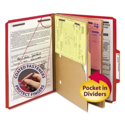 Smead 6-Section Pressboard Top Tab Pocket Classification Folders, Letter Size, Bright Red, 10/BX