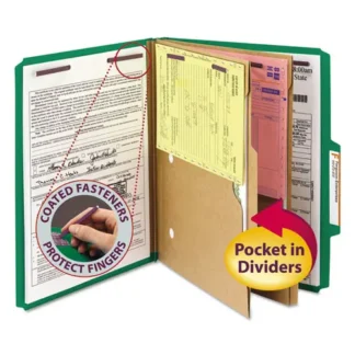 Smead 6-Section Pressboard Top Tab Pocket Classification Folders, 6 SafeSHIELD Fasteners, 2 Dividers, Letter Size, Green, 10/Box