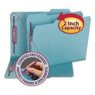 Smead Colored Pressboard Fastener Folders with SafeSHIELD Coated Fasteners, Letter Size, Blue, 25/Box