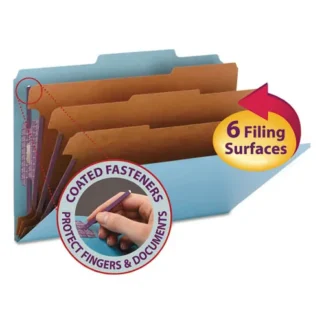 Smead Eight-Section Pressboard Top Tab Classification Folders, Eight SafeSHIELD Fasteners, 3 Dividers, Legal Size, Blue, 10/Box