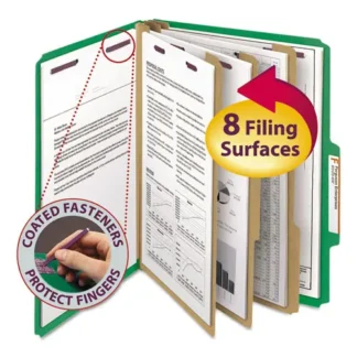 Smead Eight-Section Pressboard Top Tab Classification Folders, Eight SafeSHIELD Fasteners, 3 Dividers, Letter Size, Green, 10/Box