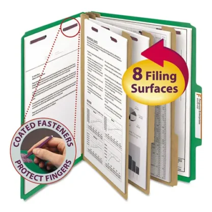 Smead Eight-Section Pressboard Top Tab Classification Folders, Eight SafeSHIELD Fasteners, 3 Dividers, Letter Size, Green, 10/Box