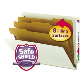 Smead End Tab Pressboard Classification Folder, Eight SafeSHIELD Fasteners, 3" Expansion, 3 Dividers, Letter Size, Gray-Green, 10/Box