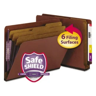 Smead End Tab Pressboard Classification Folders, Eight SafeSHIELD Fasteners, 3" Expansion, 3 Dividers, Letter Size, Red, 10/Box
