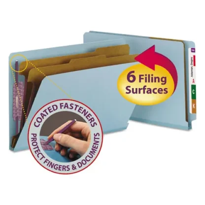 Smead End Tab Pressboard Classification Folders, Six SafeSHIELD Fasteners, 2" Expansion, 2 Dividers, Legal Size, Blue, 10/Box