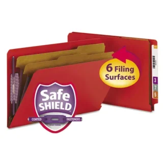Smead End Tab Pressboard Classification Folders with Six SafeSHIELD Fasteners, 2" Expansion, Two Dividers, Legal Size, Bright Red, 10/Box