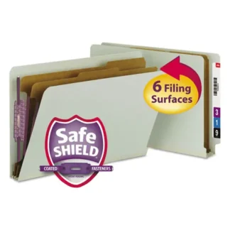 Smead End Tab Pressboard Classification Folders, Legal Size, Gray-Green, 2 Dividers, Six SafeSHIELD Fasteners, 2" Expansion, 10/Box