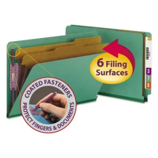 Smead End Tab Pressboard Classification Folders with SafeSHIELD Fasteners, Legal Size, Green, 2" Expansion, 2 Dividers, 10/Box