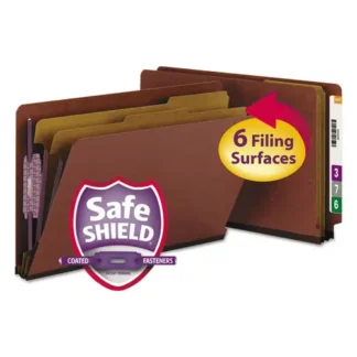 Smead End Tab Pressboard Classification Folders, 6 SafeSHIELD Fasteners, 2" Expansion, 2 Dividers, Legal Size, Red, 10/Box