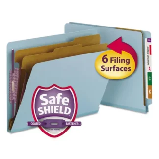 Smead End Tab Pressboard Classification Folders with Six SafeSHIELD Fasteners, 2" Expansion, 2 Dividers, Letter Size, Blue, 10/Box